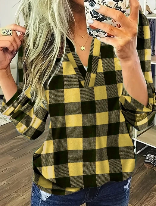 

Women Casual Style Top Plaid Long Sleeved Shirt 2024 Spring Summer Latest Japanese and Korean Leisure V-Neck Versatile Pullover