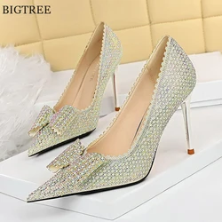 Princess Style 7/9.5cm Heel Women Wedding Shoes 2024 Autumn Fashion Crystal Bowknot Sequined Cloth High Heels Ladies Dress Pumps