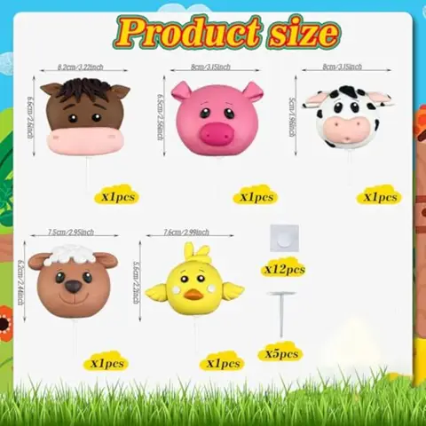 Tårtdekoration med djur, bondgårdstema, festdekorationer, djuransikte, tårtdekoration med ko, gris, häst, får, kyckling för babyshower med bondgårdstema, B 10 best sales tårtdekoration för babyn - №5