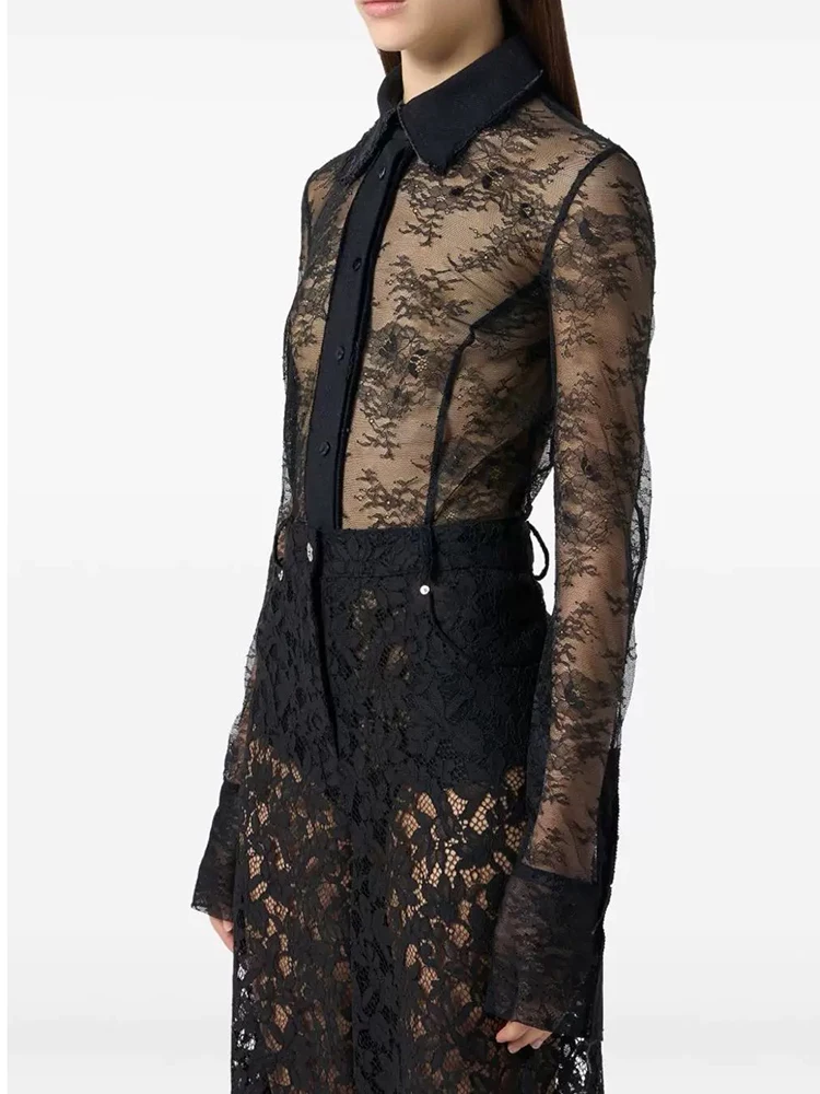 

Women's Lace Patchwork Shirt Jumpsuit Stylish and Sexy Black Women's Top 2025 Fall New Arrival