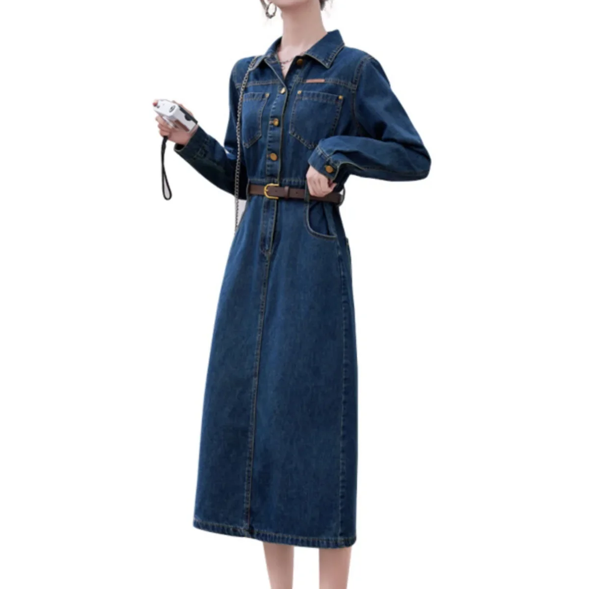 Fashionable Long Sleeve Denim Dress Women Spring Autumn New High End Elegant Casual Slimming Shirt Style Ankle Length Dress