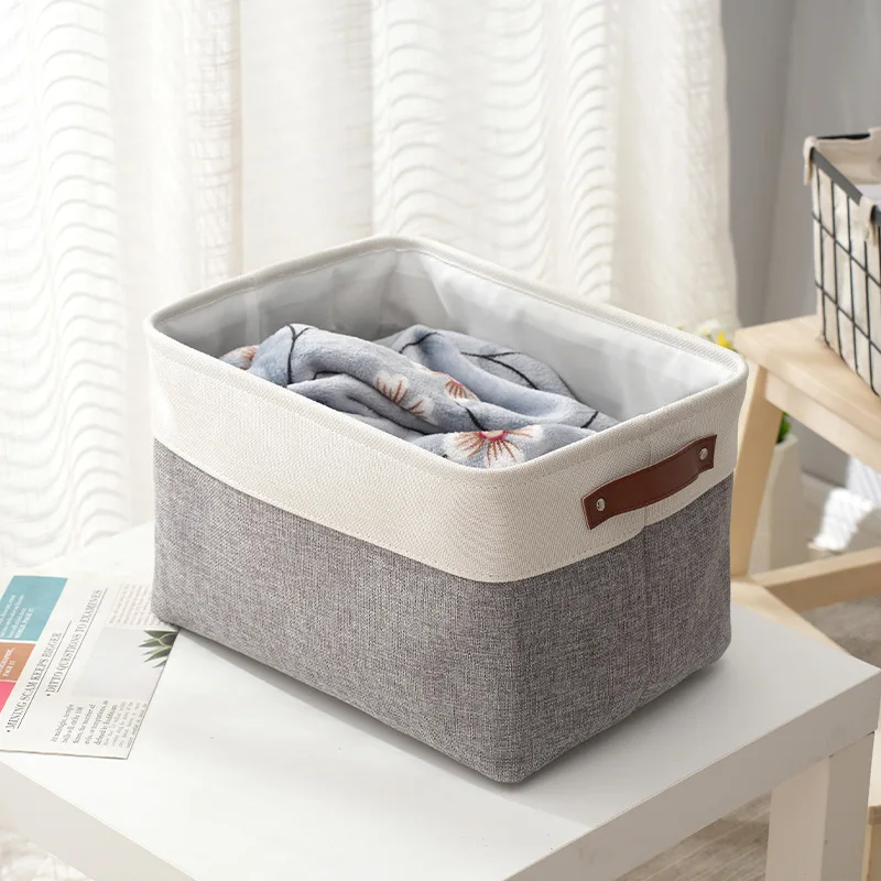 

Cotton Linen & EVA Thick Storage Basket with Leather Handles, Foldable Clothes Socks Organizer Bin for Home