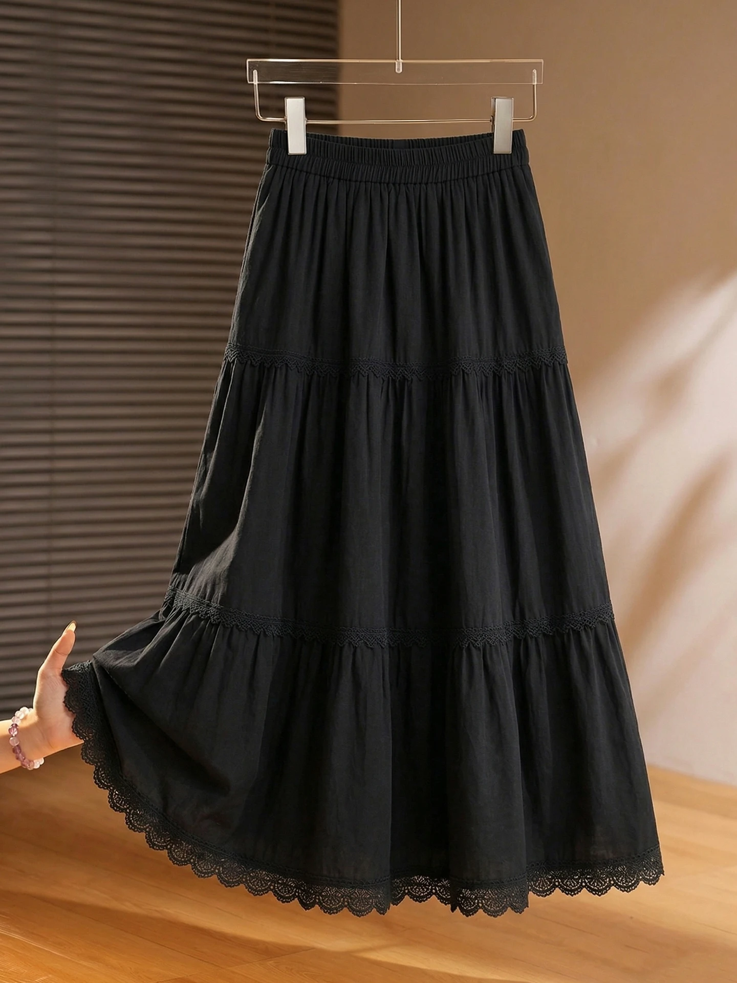

Elegant Lace Splice Casual High Waist Midi Skirt Summer Fashion Korean Design Slimming A-Line Skirt for plus Size Women