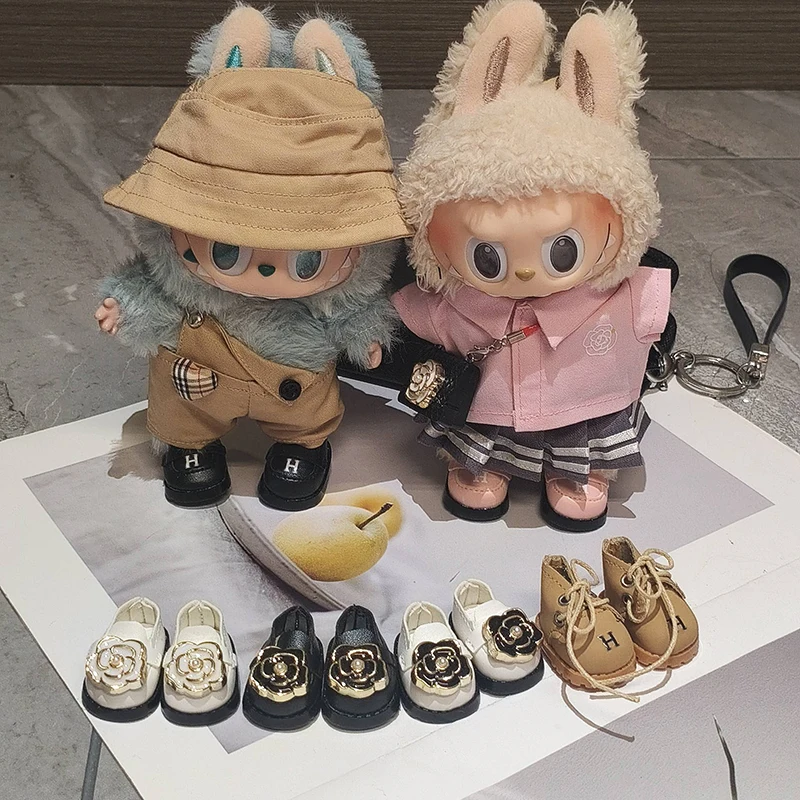 

17 см Labubu, милая рубашка, плиссированная юбка, комплект цвета хаки, модный комбинезон, кожаная обувь на заказ, сумка через плечо, Labubu, изысканный сгусток