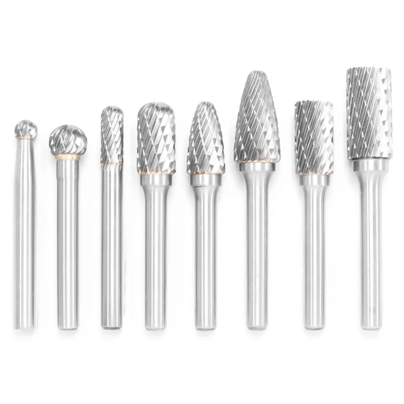 8 Stuks Wolfraamstaal Slijpkop Carbide Roterende Bestand Kit Dubbele Groef Metalen Houtsnijwerk Polijsten Legering Slijpkop Set Kit