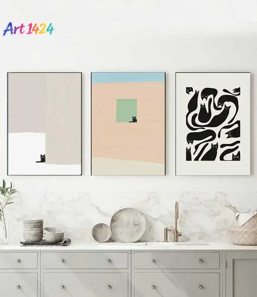 1pc frameless canvas Cute Cats Pop Illustration Prints  Aesthetic Wall Art Pictures Home Room Dec Abstract Black Cat Drawing