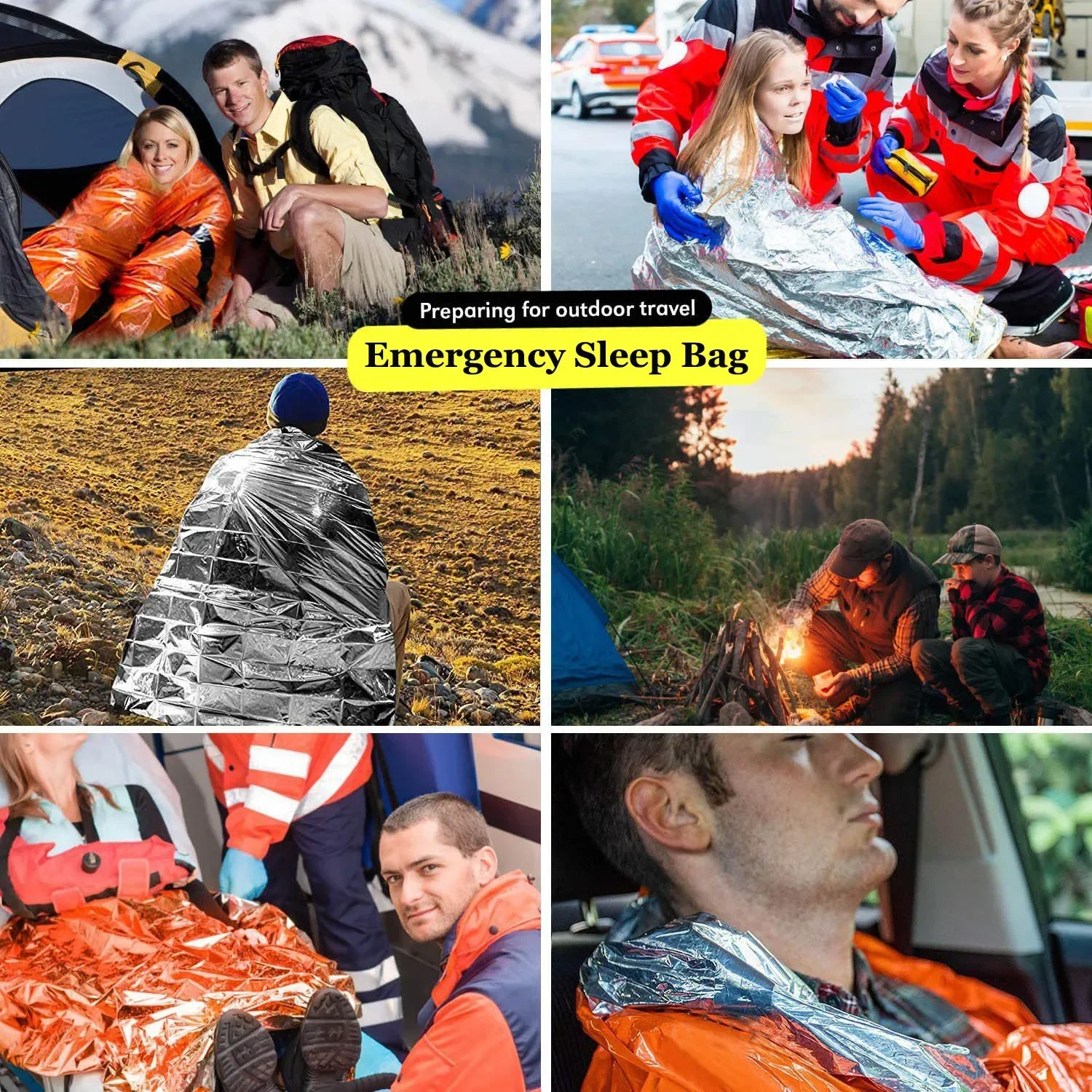 Saco de dormir portátil impermeable para supervivencia de emergencia, equipo de acampada Edc para exteriores, saco térmico, botiquín de rescate de primeros auxilios, manta Mylar