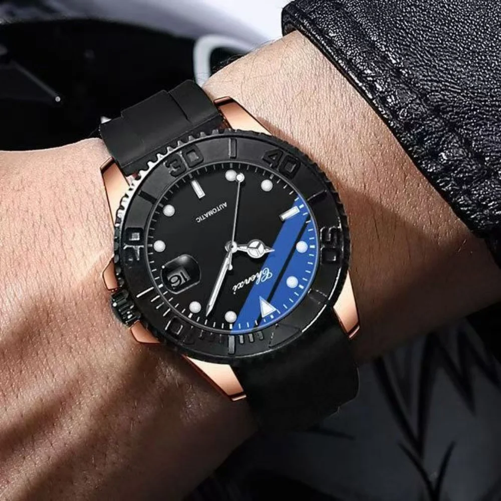 Hot-Selling Men's Automatic Mechanical Watch, Skeleton Design, Waterproof, Scratch-Resistant Mirror Surface, Diving Style Men's Wristwatch, Calendar Display, Luminous Hands, Rubber Strap, Outdoor Casual Business Versatile Light Luxury Men's Watch, High-End Business Casual All-Match Men's Holiday Gift Watch