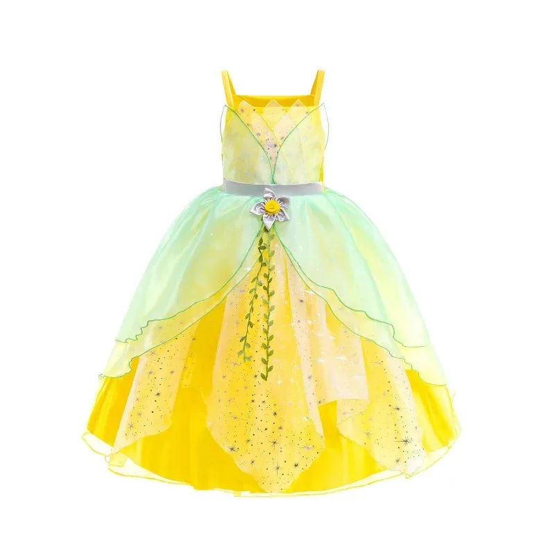 Halloween Ragazze Fiaba Tiana Costume Cosplay Principessa Elfo Verde Vestito da Partito Carnevale Abito da Ballo Principessa e Rana Abiti