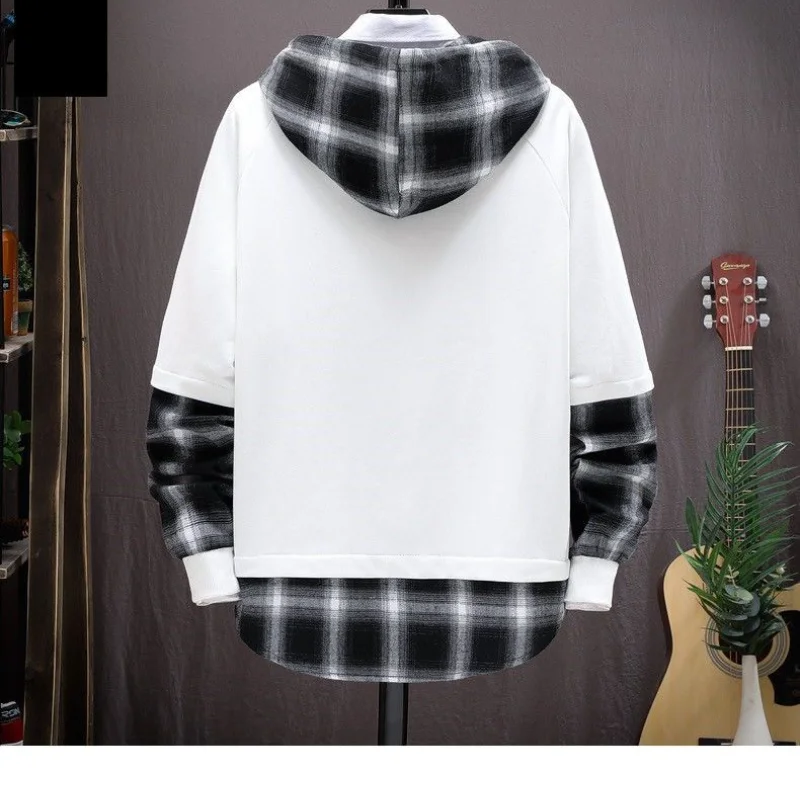 New Men\'s Clothing Hooded Long Sleeve Autumn Winter Fake Two Pieces Fashion Casual Sporty Letter Spliced Contrast Color Tops