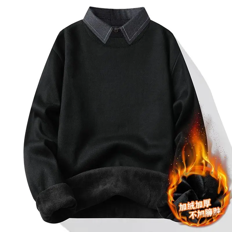 

Men's Patchwork Shirt Collar Sweater British Fashion Plush Thicken Menswear Sweater Skin-friendly Knitwear Anti Pilling Sweaters