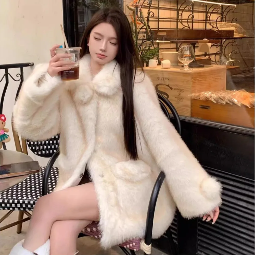 Winter Creamy-White Hairy Shaggy Faux Fur Coat Ball Lapel Collar Full sleeve Furry Faux Fur Outerwear Party Long Outercoat