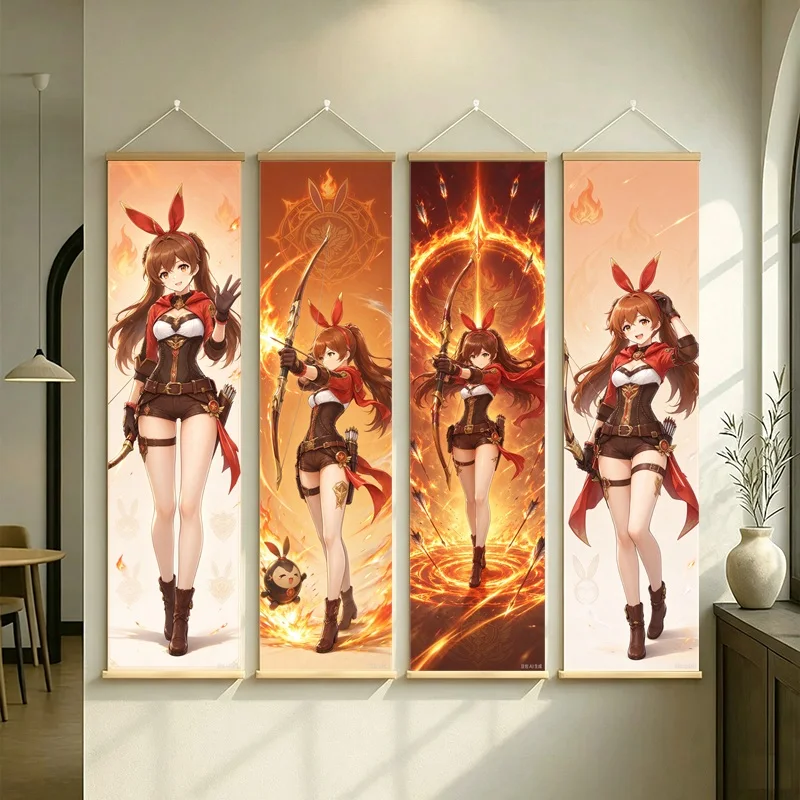 Hanging Scroll Wall Art of Genshin Impact Amber with Warm Orange Motifs, Silver Shimmer Canvas for an Anime Bedroom
