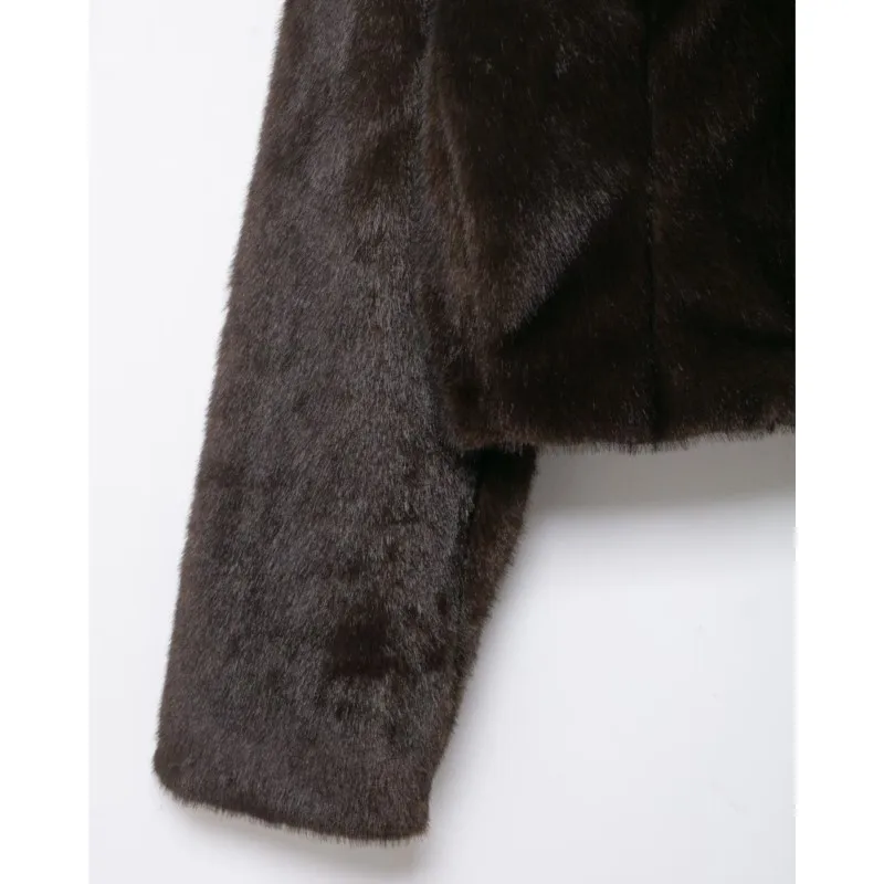 سترة نسائية قصيرة لربيع وخريف مع ياقة ثابتة من الفرو الصناعي وأكمام طويلة وجيب بأزرار ملابس خارجية أنيقة للسيدات #4