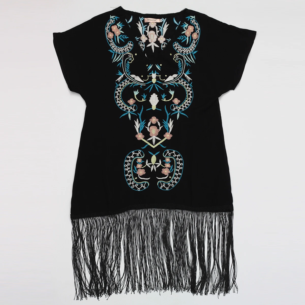 Vacanza etnico ricamato caftano vestito estivo con scollo a V manica corta abito da donna nappa orlo Boho Hippie Chic Casual abiti da spiaggia