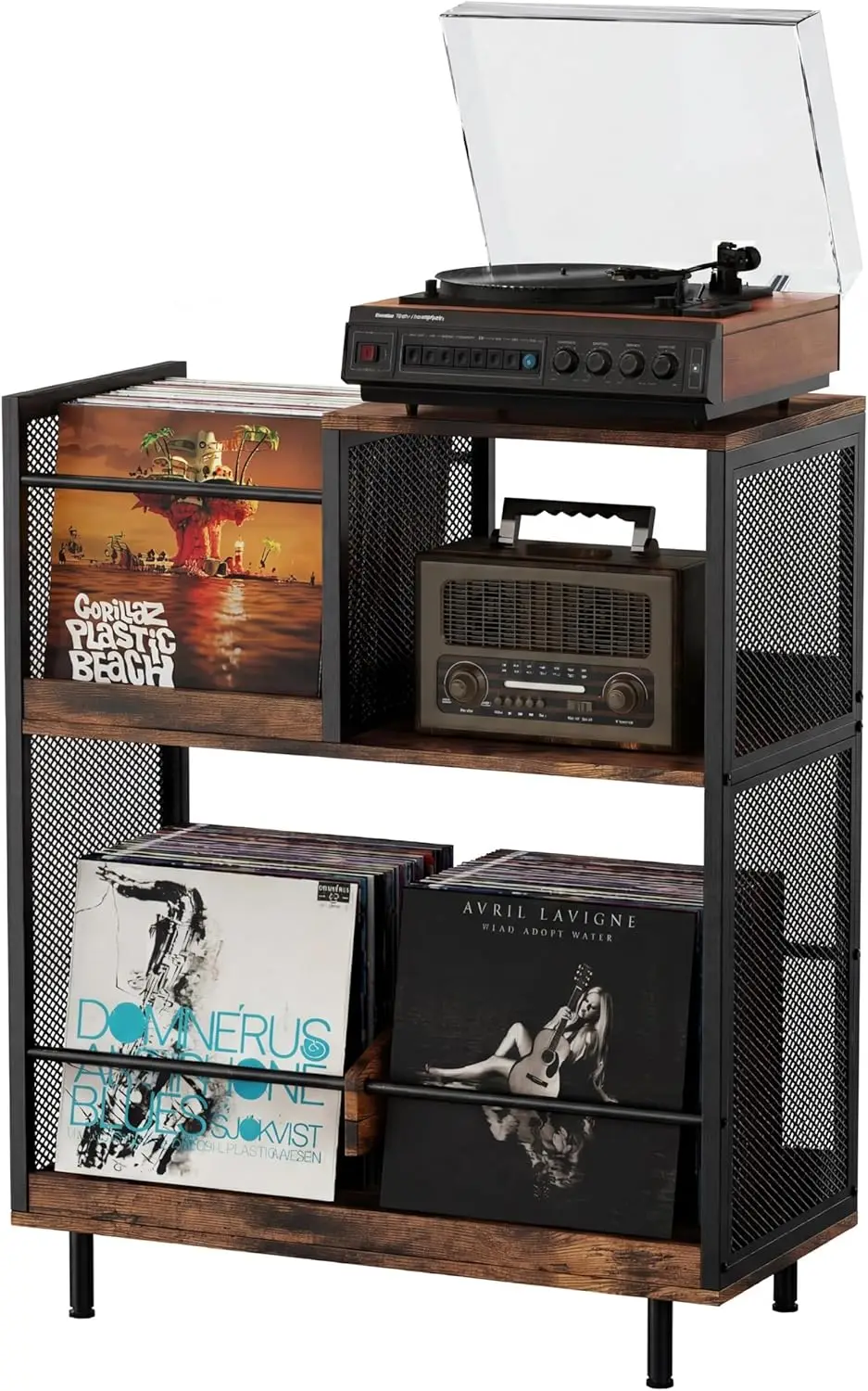 

3-Tier Vinyl Record Player Stand with Storage for 250 Albums, Adjustable Divider, Vintage Wood Cabinet