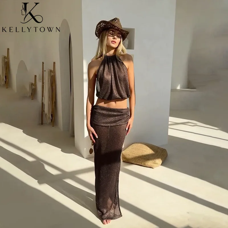 Sexy Women's Dress Set Shiny Glitter Halter Tops Low Raise Maxi Skirts Suits Party Club outfits Sleeveless 2 Piece Matching Set