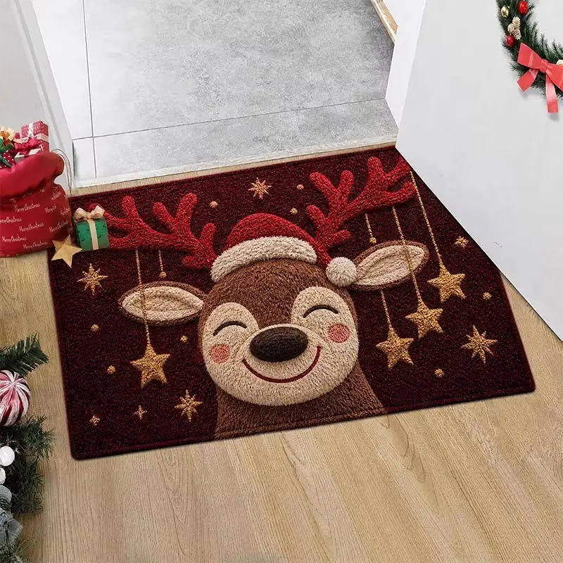 VIKAMA Christmas Door Mat Reindeer Wine Red Print Star Entryway Mat Non Slip Holiday Winter Cozy Indoor Aesthetic Home Decor