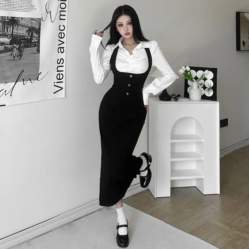 

Укороченный топ, осенняя белая рубашка, женская одежда Y2k + средней длины с тонкой талией, винтажное милое черное платье на бретелях, комплекты из двух предметов