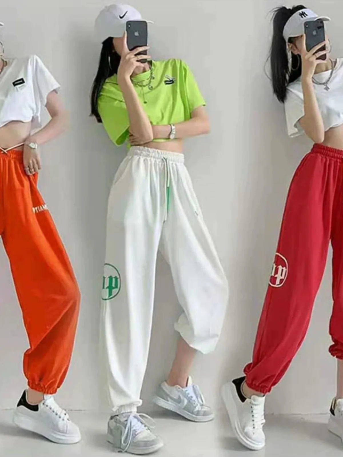 กางเกงแจ๊สเอวสูงทรงสตรีทแดนซ์สำหรับผู้หญิง ชุดฝึกซ้อมสไตล์ฮาราจูกุ กางเกงขายาวทรงสลิมพร้อมรองเท้าผ้าใบ กางเกงฮาเร็มสปอร์ต