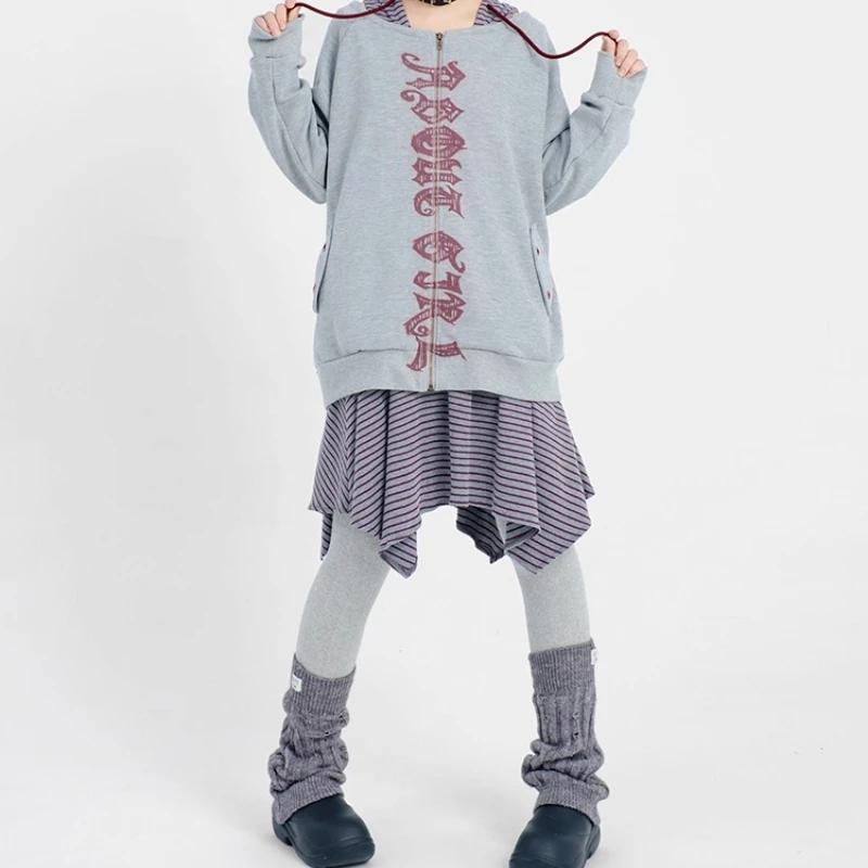2025 Autumn New Gray Off-Shoulder Splicing Striped Women's Sweatshirt Original Design Loose Slimming Versatile Y2K Coat Ladies
