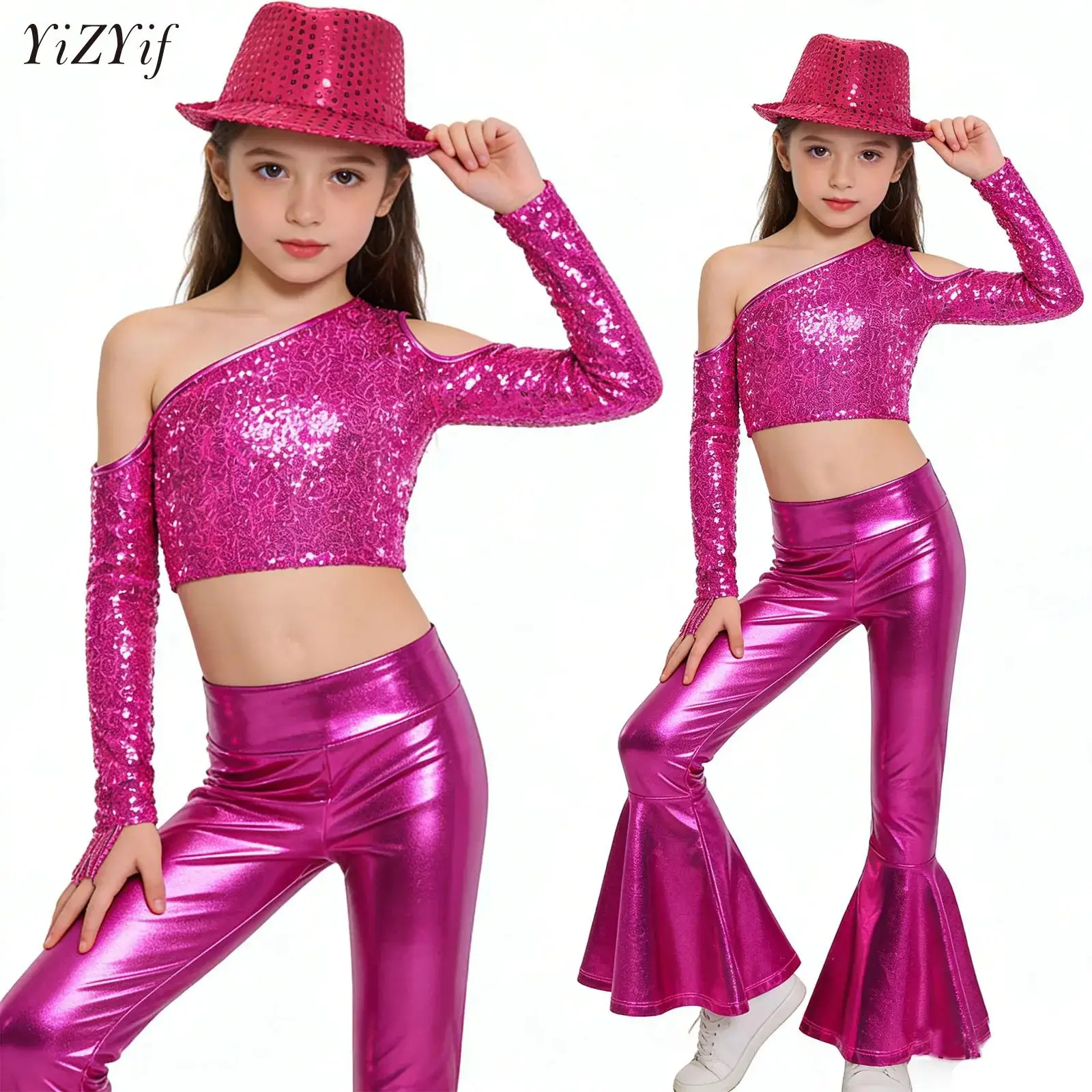 

Kids Girls Jazz Disco Modern Dance Costume Tassels Shiny Sequins Crop Top Flare Pants Movie Character Princess Cosplay Clothes