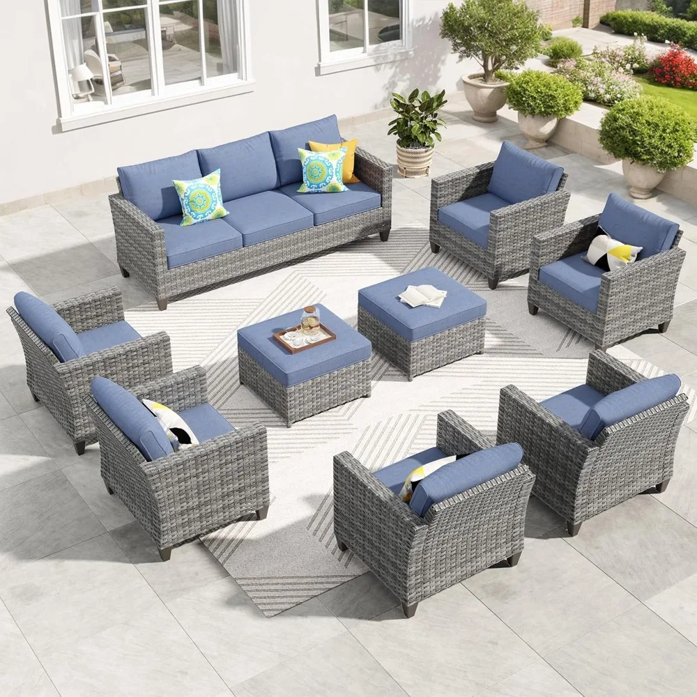 

Patio Furniture Set, 9 Pieces Outdoor Wicker Sofa Couch with 6 Chairs, Ottomans and Comfy Cushions, All Weather High Back Set