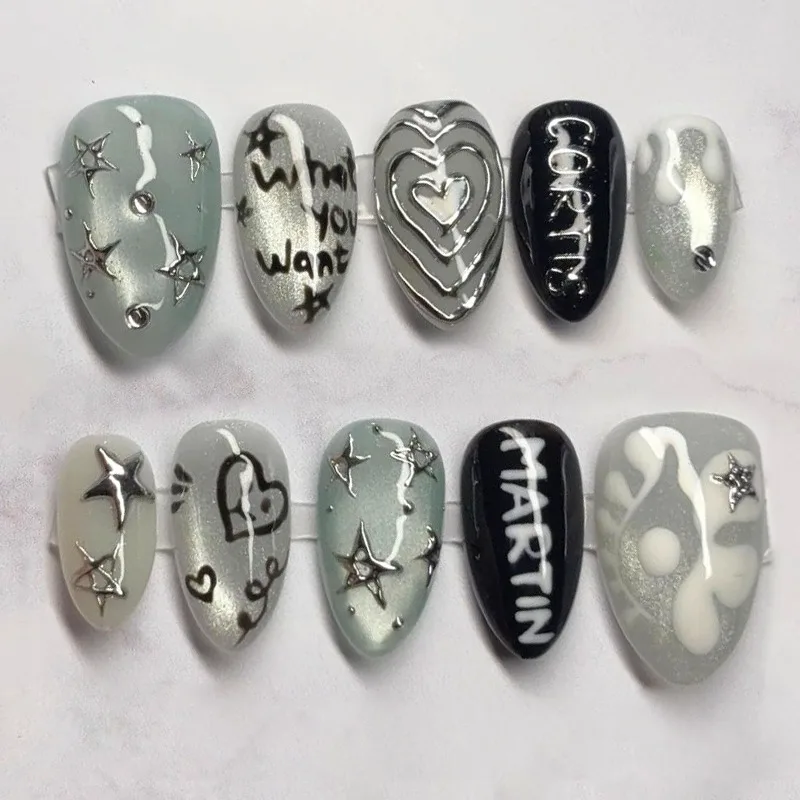 

24PCS Sweet Cool Dark Black Almond Press on Nails Silver Heart Shiny Star Y2k Fake Nails for Spice Girls Cat Eye Cute Ins Nails