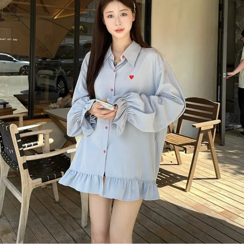 Love Embroidery High Street Blouse Spring New Polo Neck Loose Ruffles Patchwork Fashion Shirt Tops Korean Casual Women Clothing