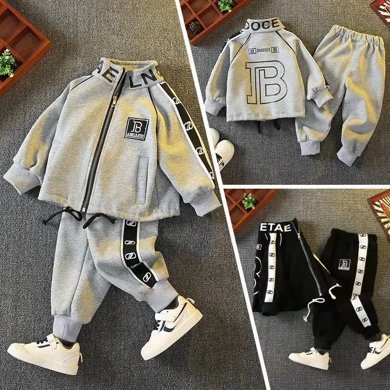 School Kids Tracksuit Jogger Set Full Zip Alphabet Prints Baby Boys Drawstring Sweatshirt + Sweatpant Set Children Outfit 1-11Yr