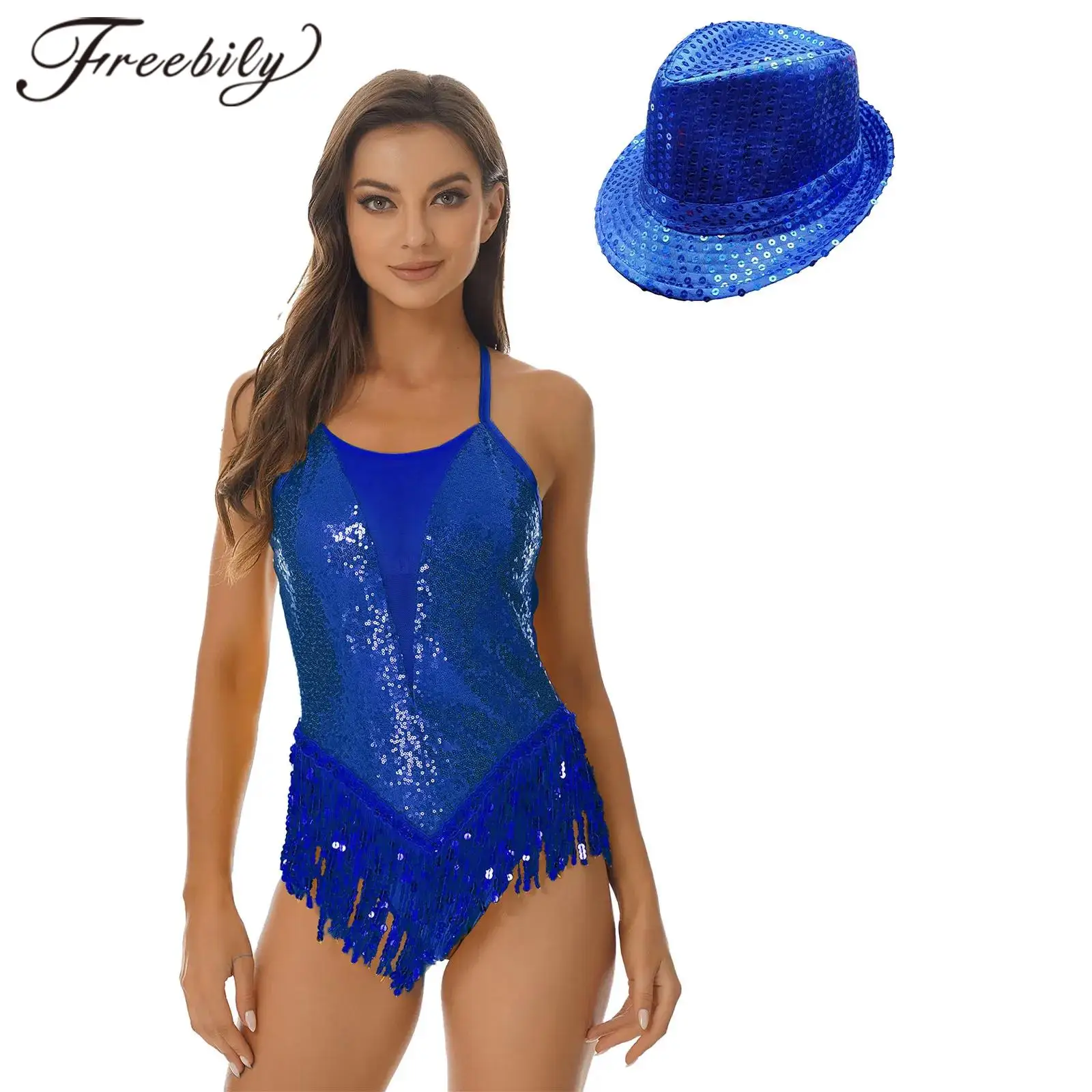 Pakaian tari Latin wanita Bodysuit tali Spaghetti Sequin berumbai Leotard dengan topi pesta Tango Rumba cha-cha kostum pertunjukan