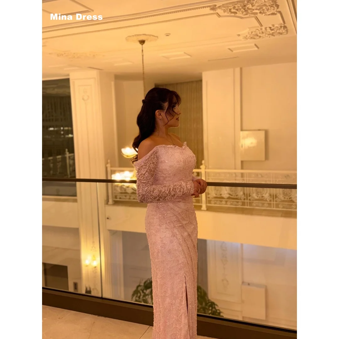 Mina CustomizedA luxurious pink off-the-shoulder evening gown for women, suitable for special occasions; long-sleeved off-the-sh