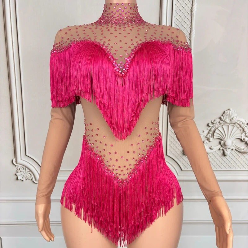 

4 Colors Full Rhinestones Fringed Bodysuit Sexy Pole Dance Clothing Women Performance Festival Outfit Bar Stage Costume XS9690