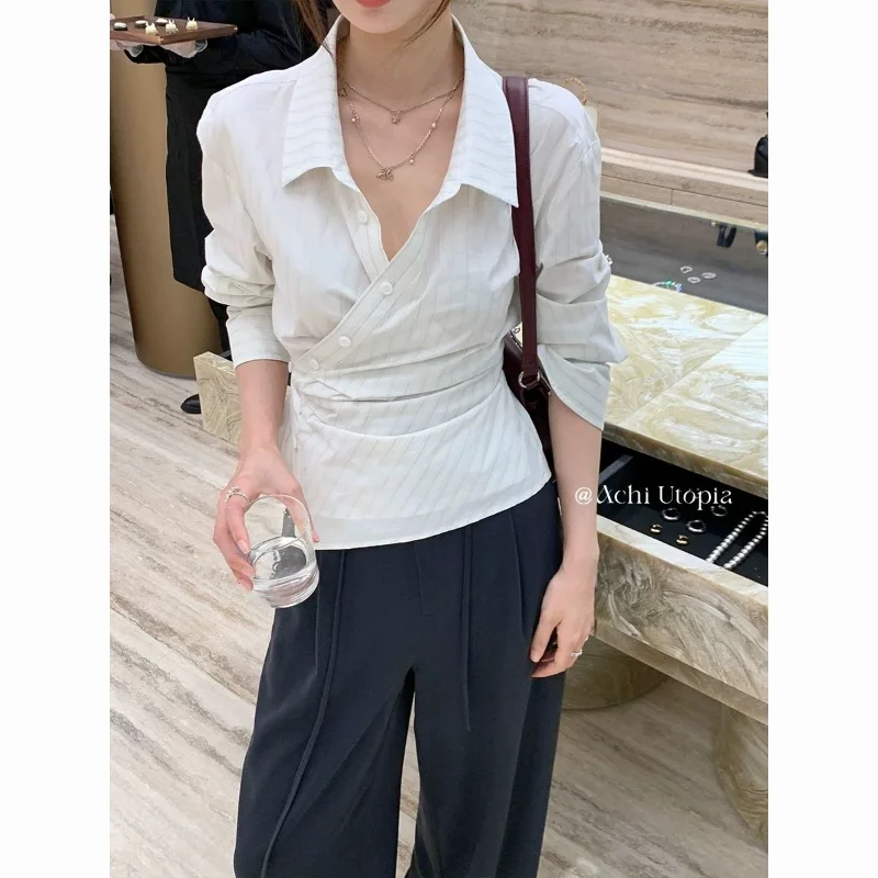 

Женская полосатая рубашка с нерегулярной наклонной планкой на талии, утягивающий дизайн, топ с длинными рукавами