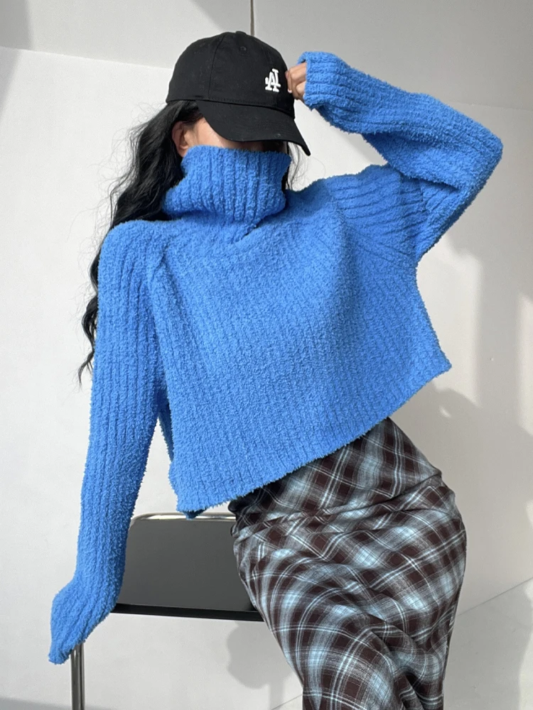 Sli ريترو عالية الياقة Thiened البلوز واحد oulder كسول ort محبوك سترة المرأة الخريف الشتاء لون فضفاض #1