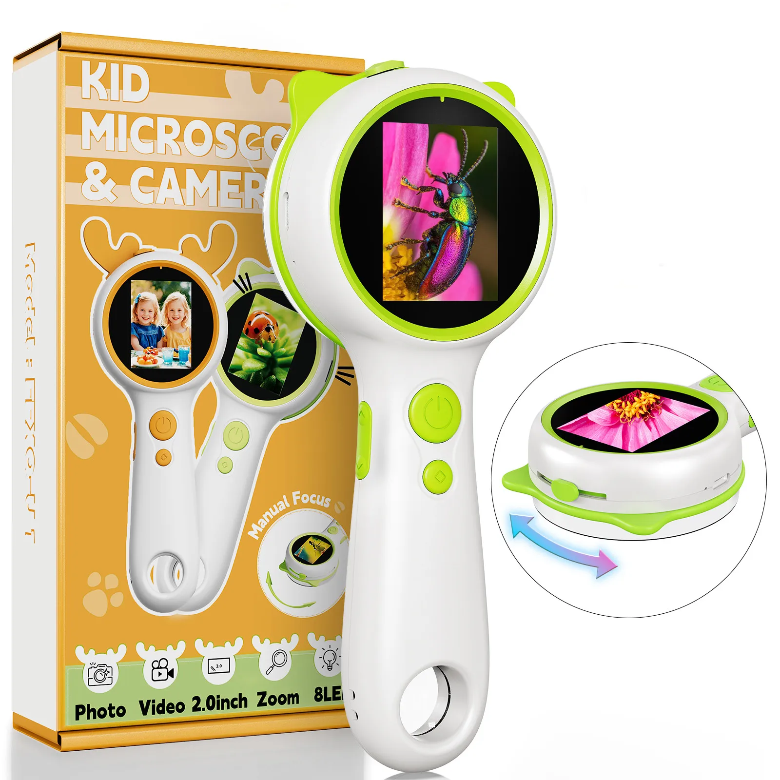 Kid MicroCam Microscope and Camera with 2-inch IPS Screen Digital Microscope Educational Science Toys Birthday Christmas Gifts