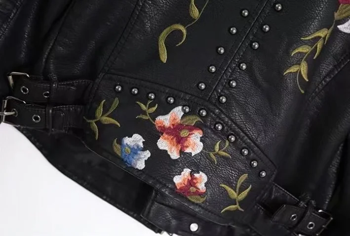 New Women Retro Floral Print Embroidery Faux Soft Leather Jacket Coat Turndown Collar Pu Moto Biker Black Punk Outerwear