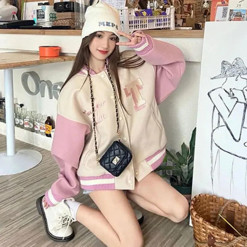 Pink Baseball Jacket for Women Y2k Streetwear Korean Fashion Oversize College Bomber Varsity Jackets New Autumn Loose Coat