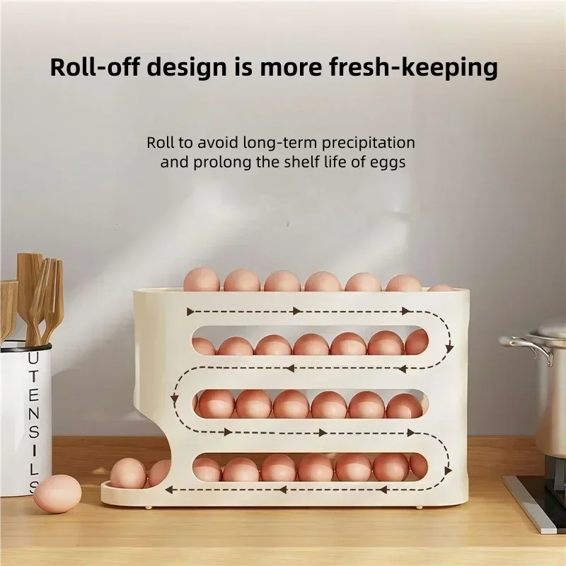 4 Layers Automatic Rolling Egg Holder Rack Large Capacity Organizer Storage Box for Refrigerator Egg Dispenser 30 Eggs