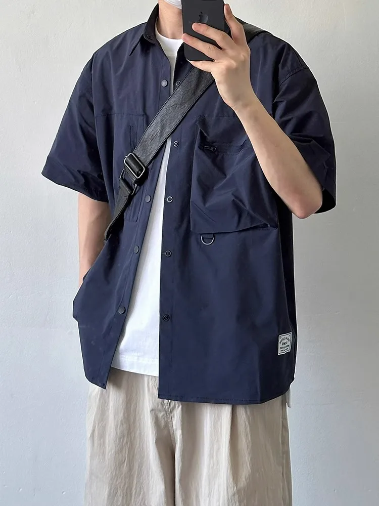 قميص عمل أمريكي عتيق الطراز بأكمام قصيرة، فضفاض، غير رسمي، مناسب للجنسين، تصميم صيفي جديد، جاكيت قميص بأكمام نصفية