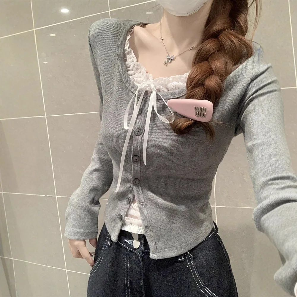 

Lace Patchwork Long Sleeve T-Shirt For Women Autumn New Sweet And Spicy Girl Slim Fit Fake Two-Piece Top