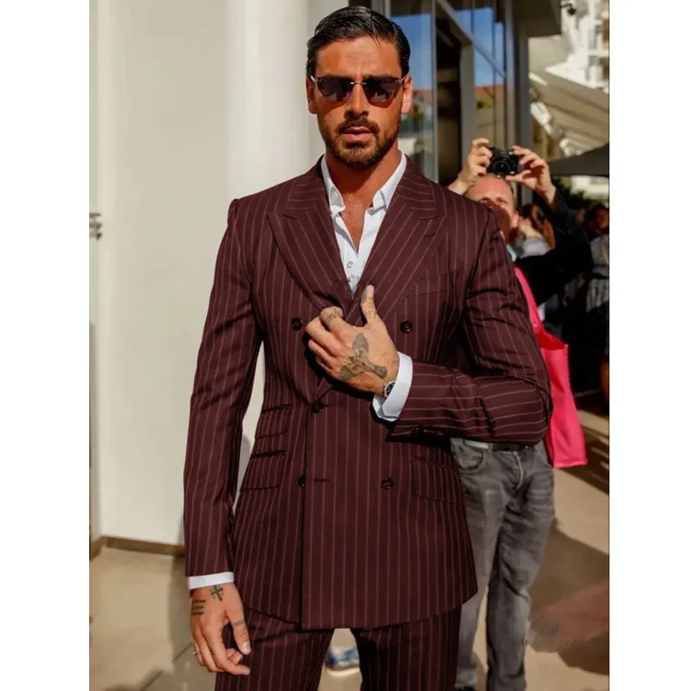 

Fashion Peak Lapel Striped Men's Suits 2 Piece Chic Business Casual Office Outfits Formal Slim Fit Male Suit (Jacket+Pants)