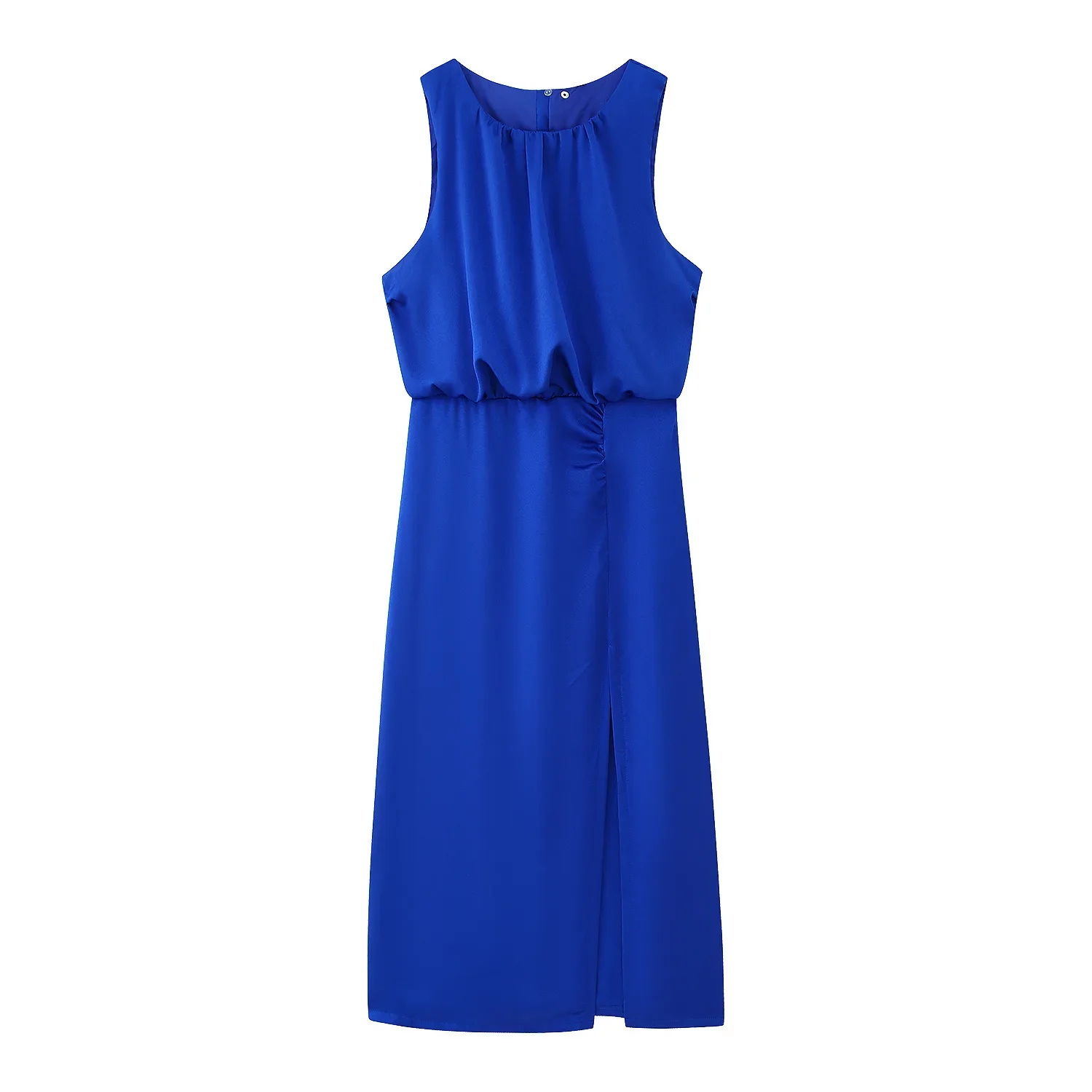2025 Elegant Women Summer Ruched Waist Midi Dress Casual Sleeveless O Neck Slit Bodycon Party Beach Vacation Dress
