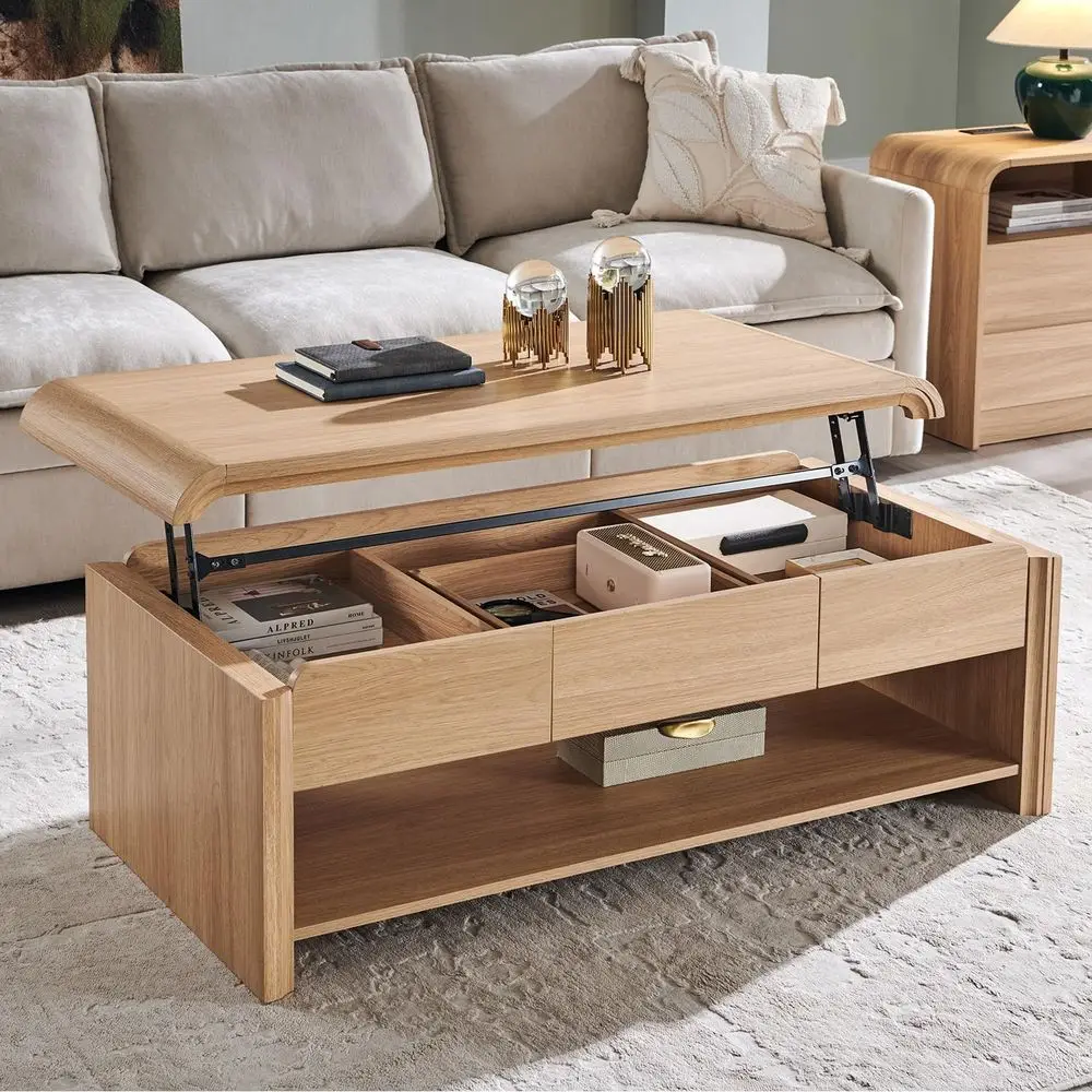 

Журнальный столик Lit Top Coee Table с местом для хранения, 47 дюймов, журнальный столик Coee Table с выдвижной столешницей и двухуровневым хранилищем, журнальный столик RecWood Center Table с изогнутым профилем