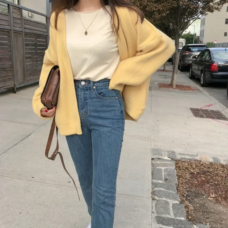 Fashion Female thicken Full Sleeve Loose Knitwear Autumn Winter Long Sweaters Cardigan Women Casual Sweater yellow Coats Outwear