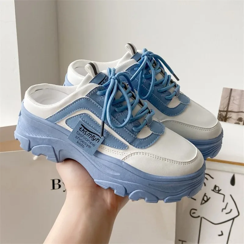 Women\'s Half Slippers PU Leather Womens Sneakers Breathable Platform Loafers Lace-up Shoes Outdoor Casual Shoes