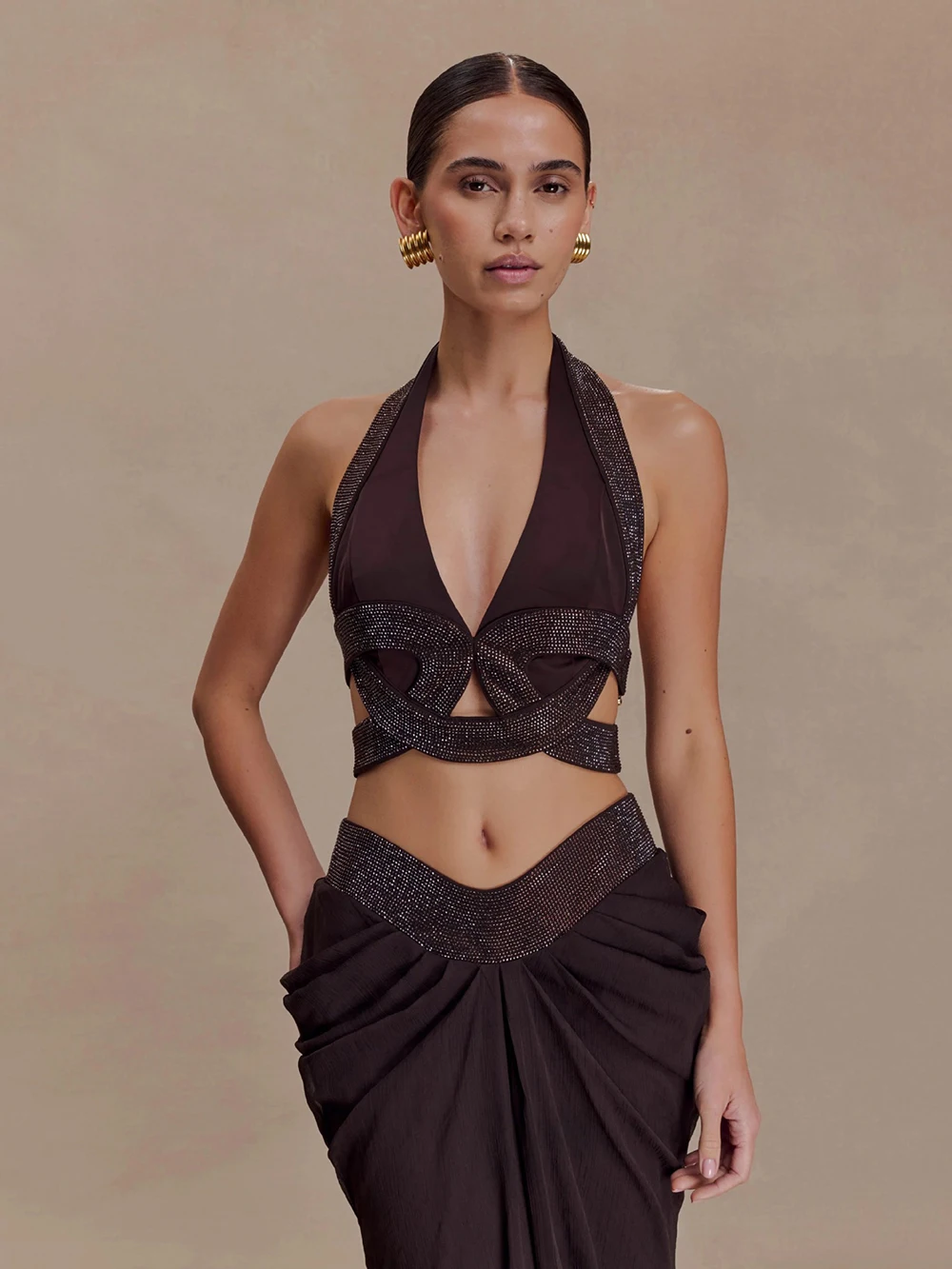 European And American Style Spicy Girl Hanging Neck Hot Diamond Exposed Waist Set Skirt Sexy Slim Fit Long Dinner Dress image 6