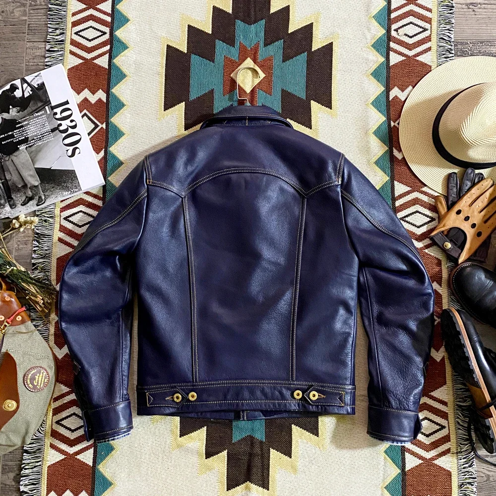 YR!Free shipping.Cuero Super slim blue genuine leather jacket.men classic casual short young cowhide coat.sales.fashion 천연 가죽