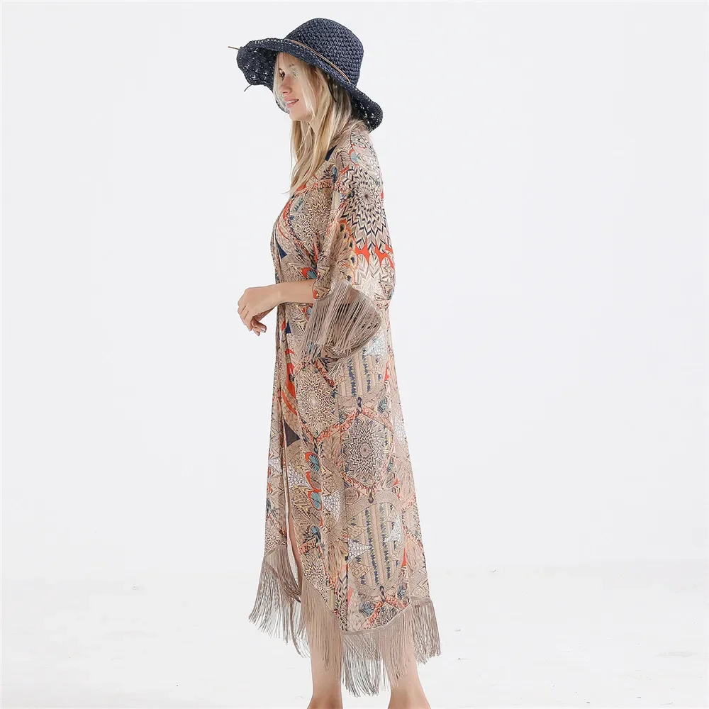 2021 Retro Printed Half Sleeve Chiffon Cardigan Kimono Boho Fringed Tassels Bikini Cover Up Ankle Length Cape Beach Swimsuit