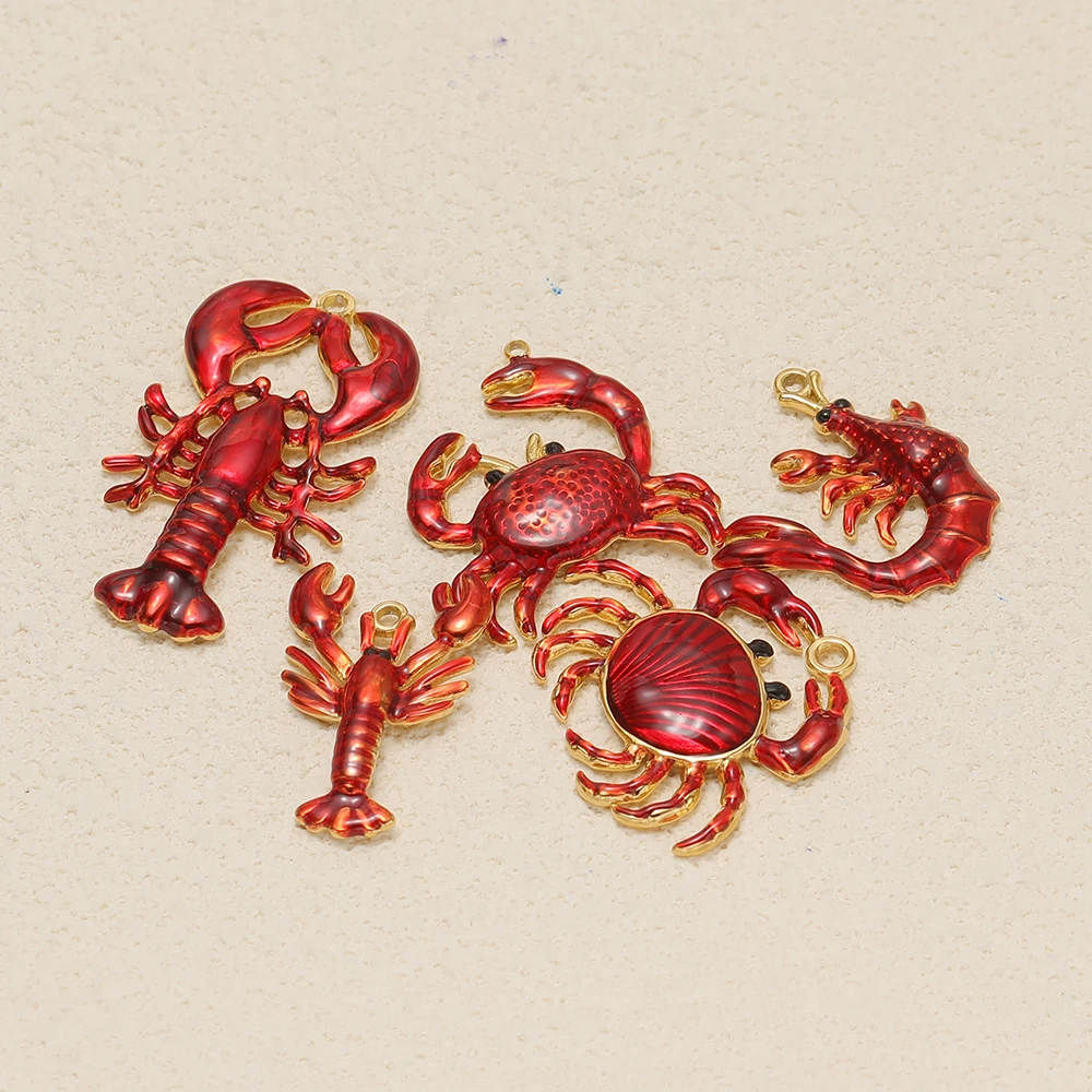 4 Stück Edelstahl-Anhänger mit roter Emaille in Form von gekochtem Hummer und Krabbe für DIY-Schmuck, Kinder-Halsketten und Damen-Ohrringe. – Detail 5